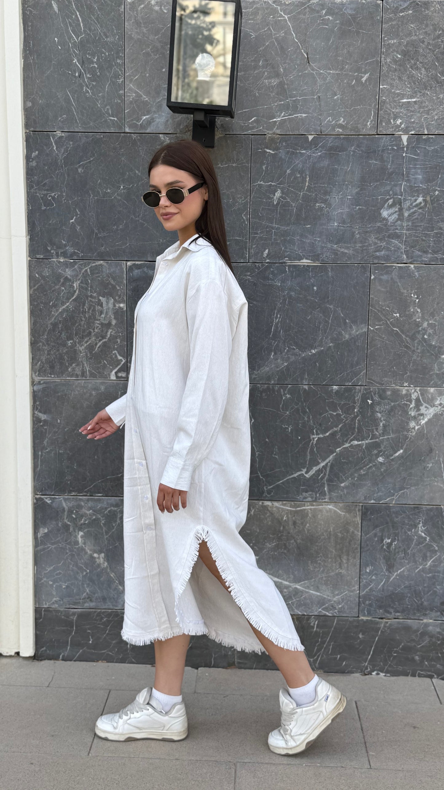 Linen-Cotton Long Shirt Dress
