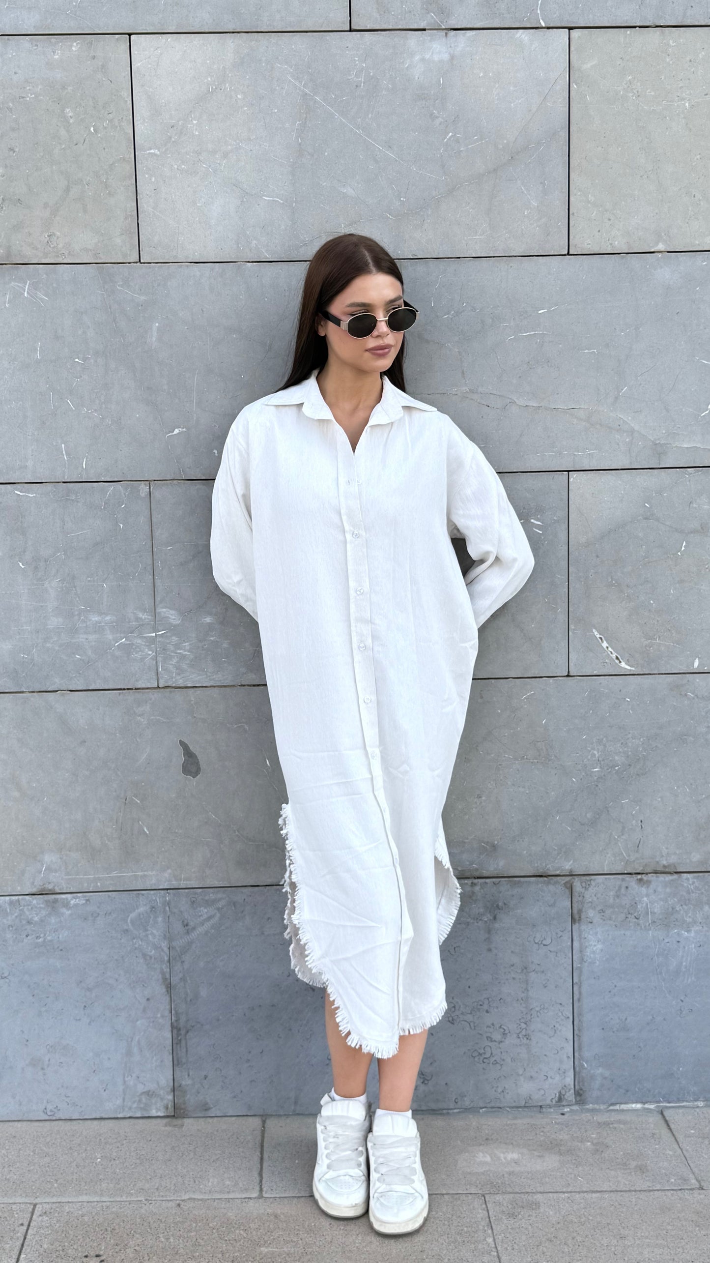 Linen-Cotton Long Shirt Dress