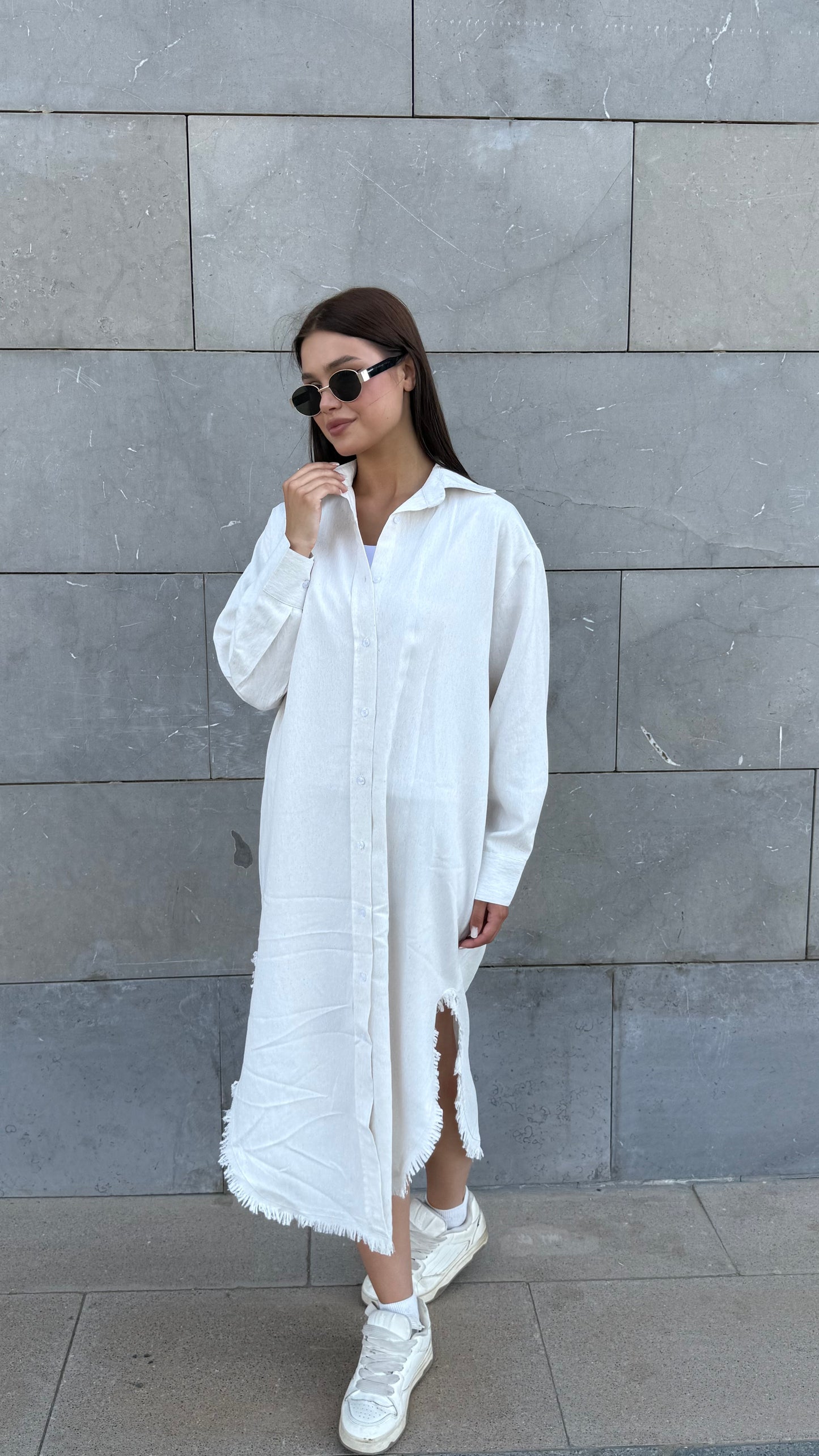 Linen-Cotton Long Shirt Dress