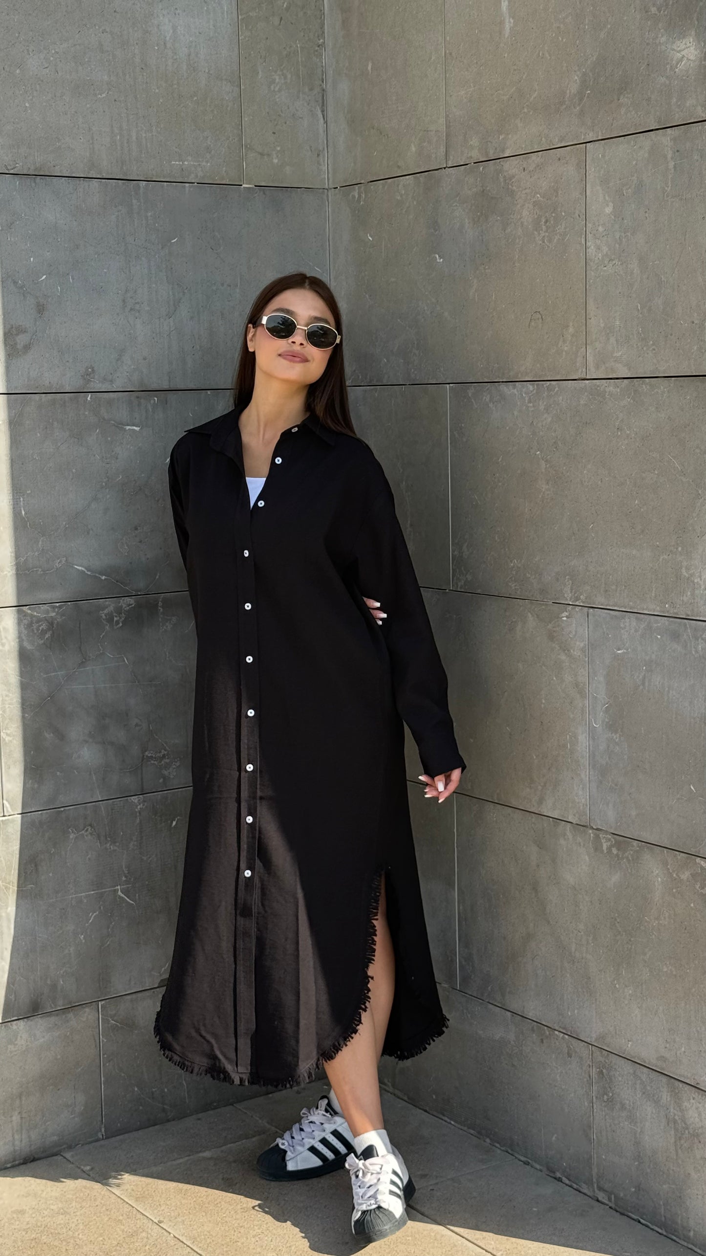 Linen-Cotton Long Shirt Dress
