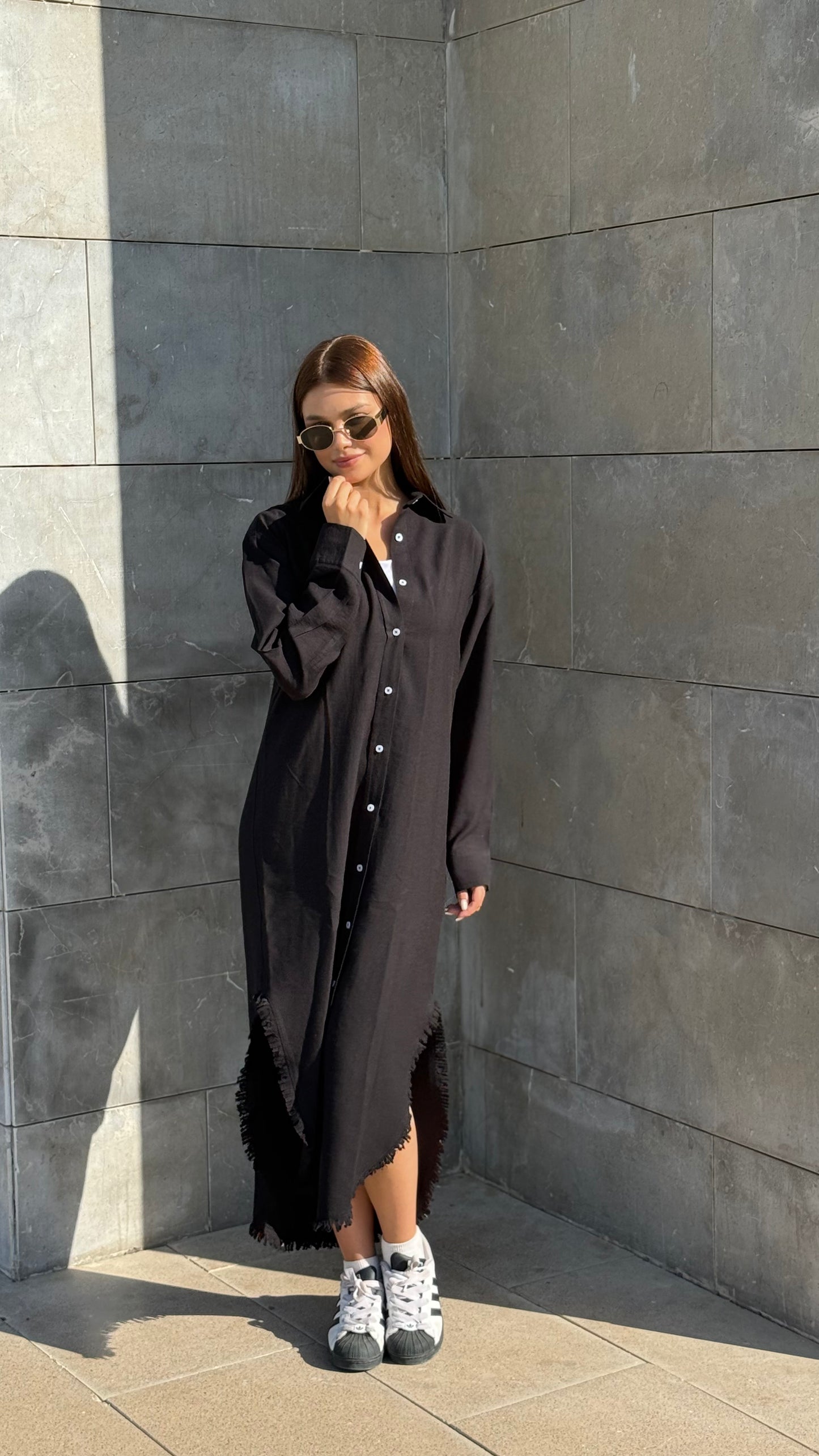 Linen-Cotton Long Shirt Dress