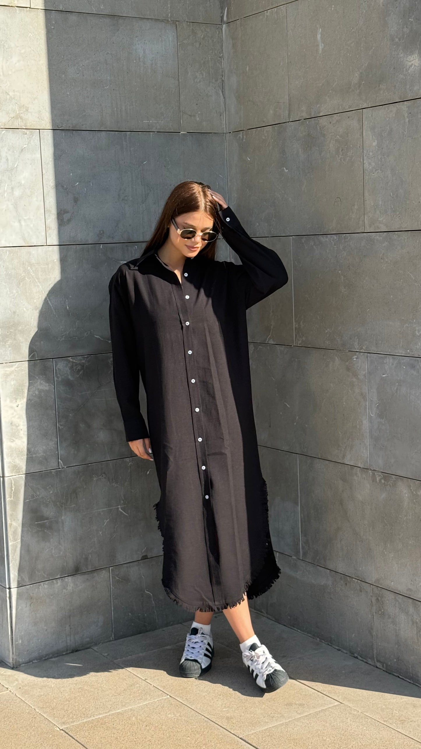 Linen-Cotton Long Shirt Dress