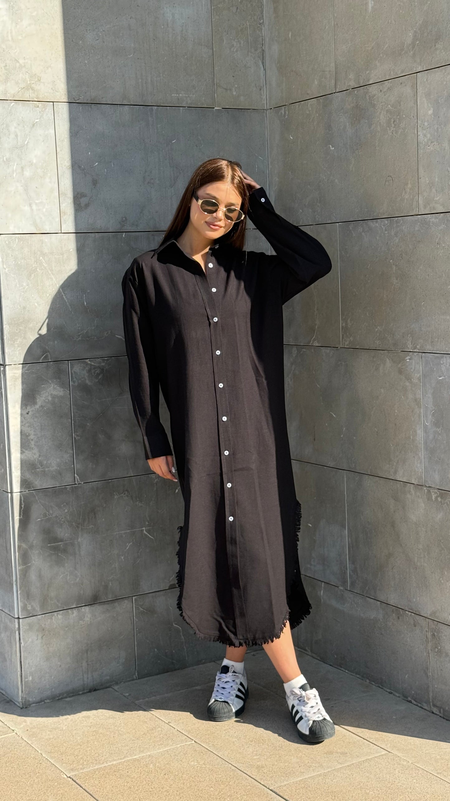 Linen-Cotton Long Shirt Dress