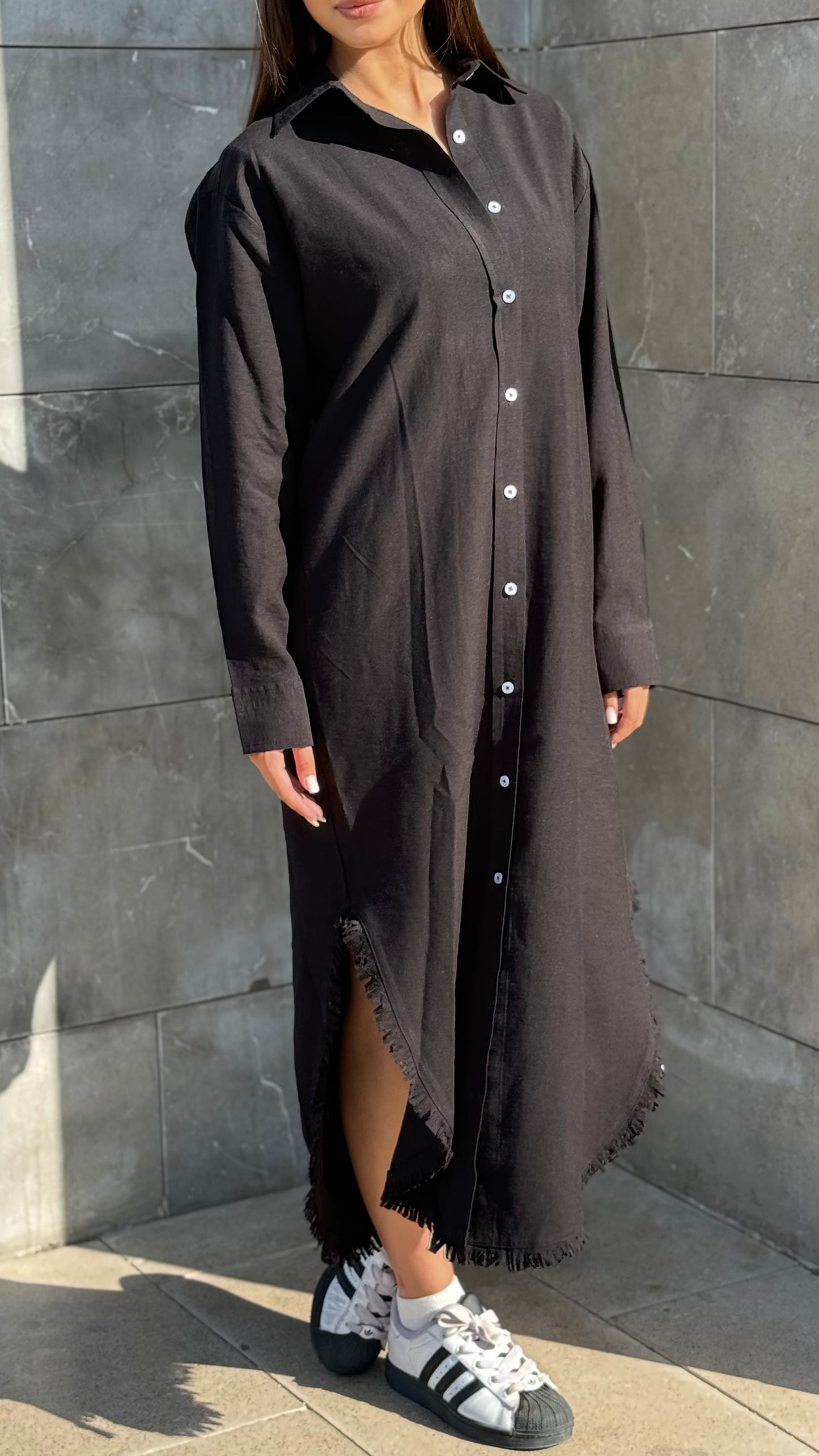 Linen-Cotton Long Shirt Dress