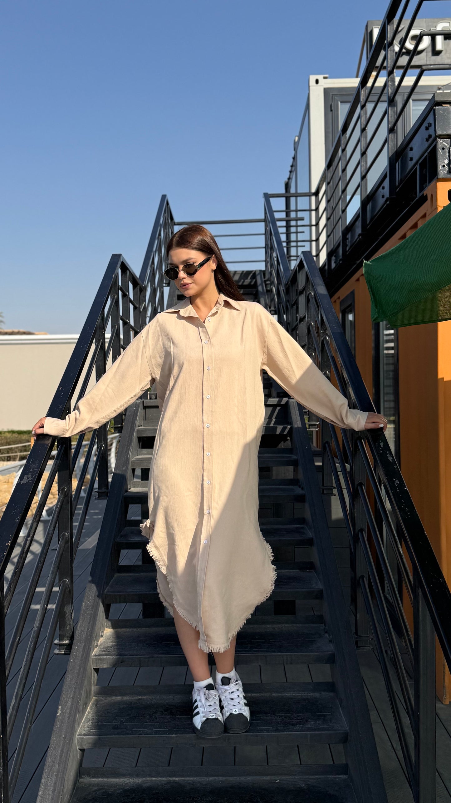 Linen-Cotton Long Shirt Dress