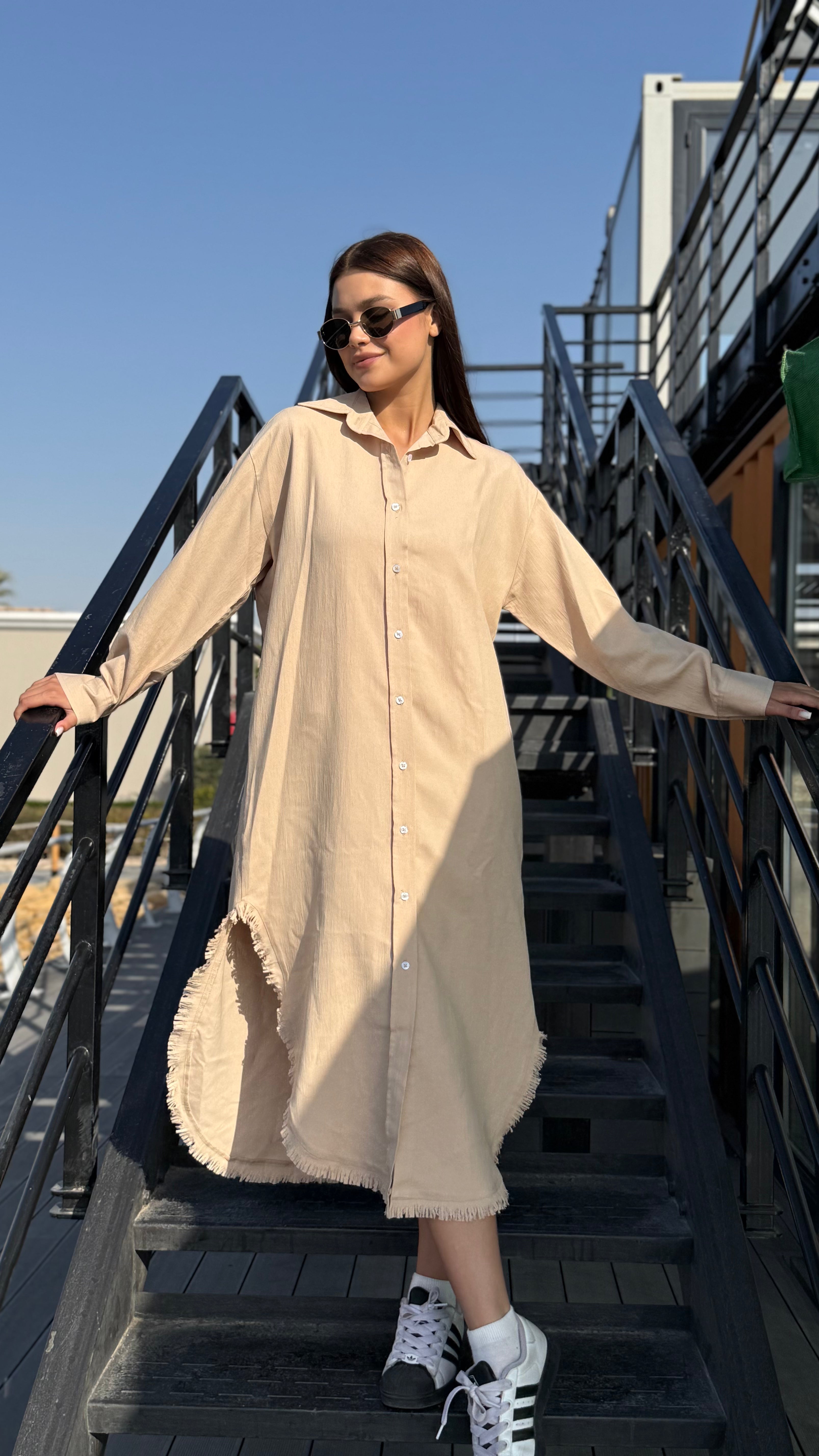 Linen-Cotton Long Shirt Dress