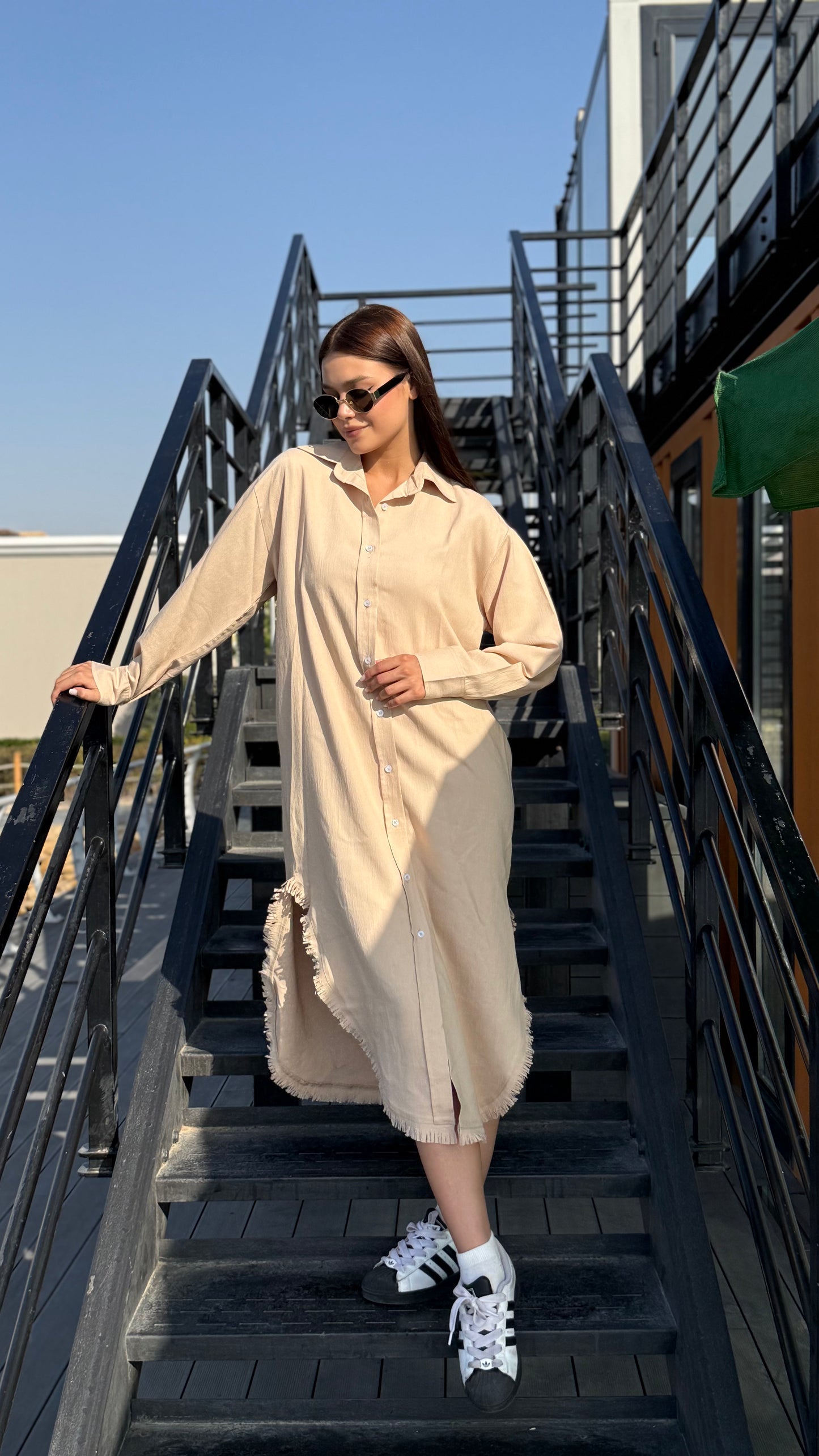 Linen-Cotton Long Shirt Dress