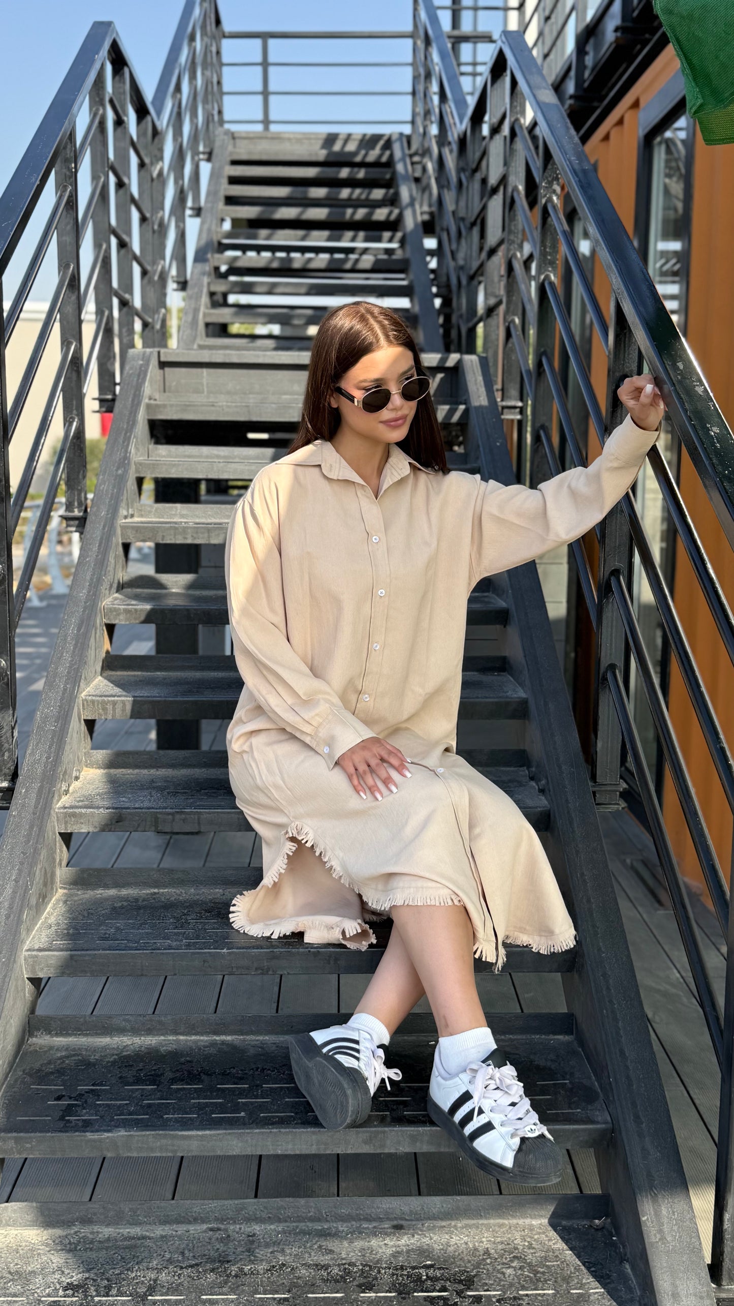 Linen-Cotton Long Shirt Dress