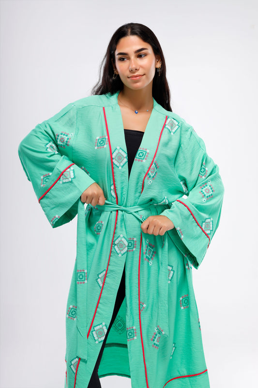 Linen Kimono Wide Long Sleeve - Green